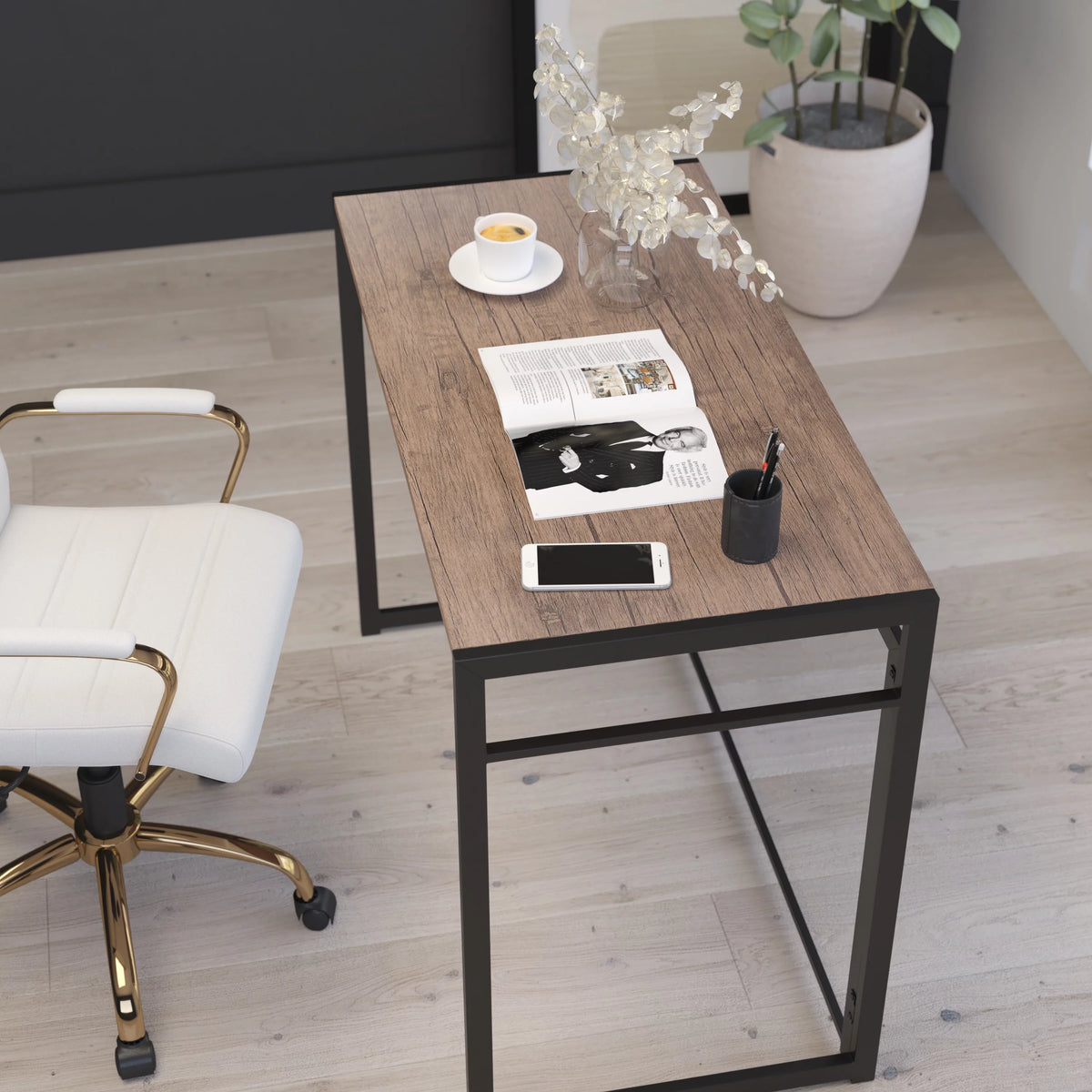 Folding Computer Desk with Wood Grain Finish and Metal Frame D78170