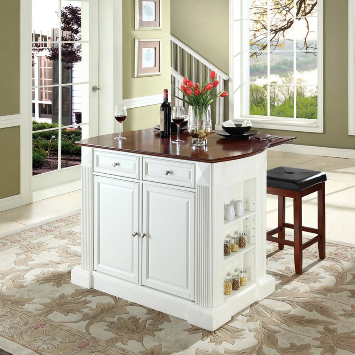 Drop Leaf Kitchen Island with Upholstered Square Seat Stools A199