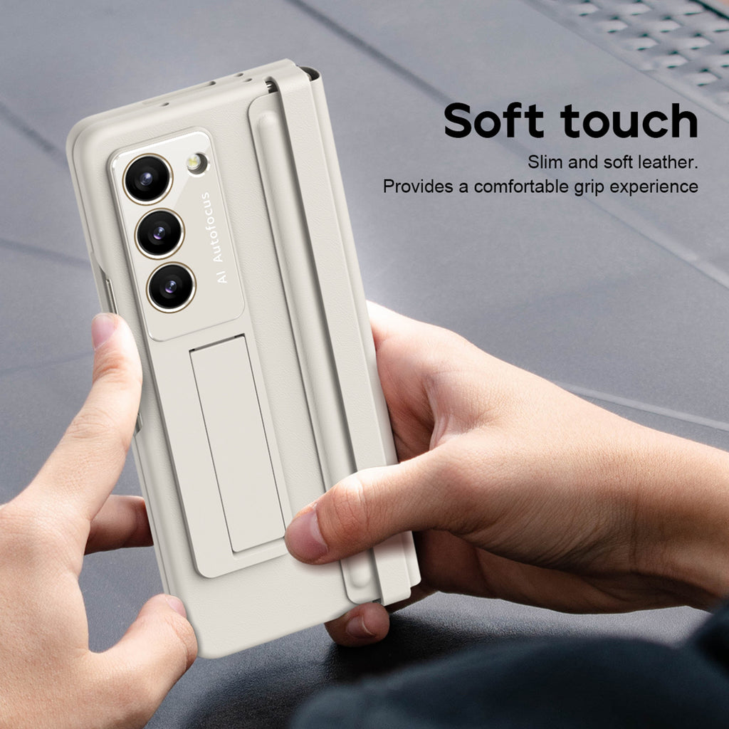 White Ultra Thin Magnetic Kickstand Case with Glass Screen Protector for Samsung Galaxy Z Fold 5 R81407