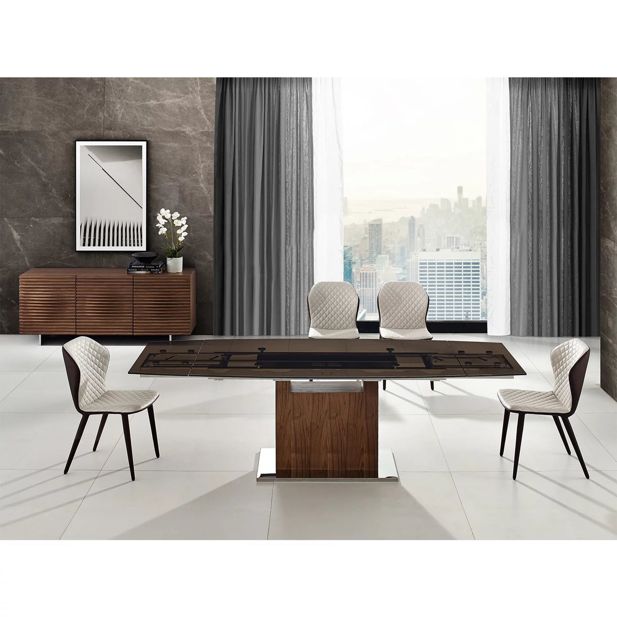 Smoked Glass Dining Table with Walnut Veneer Base J792782