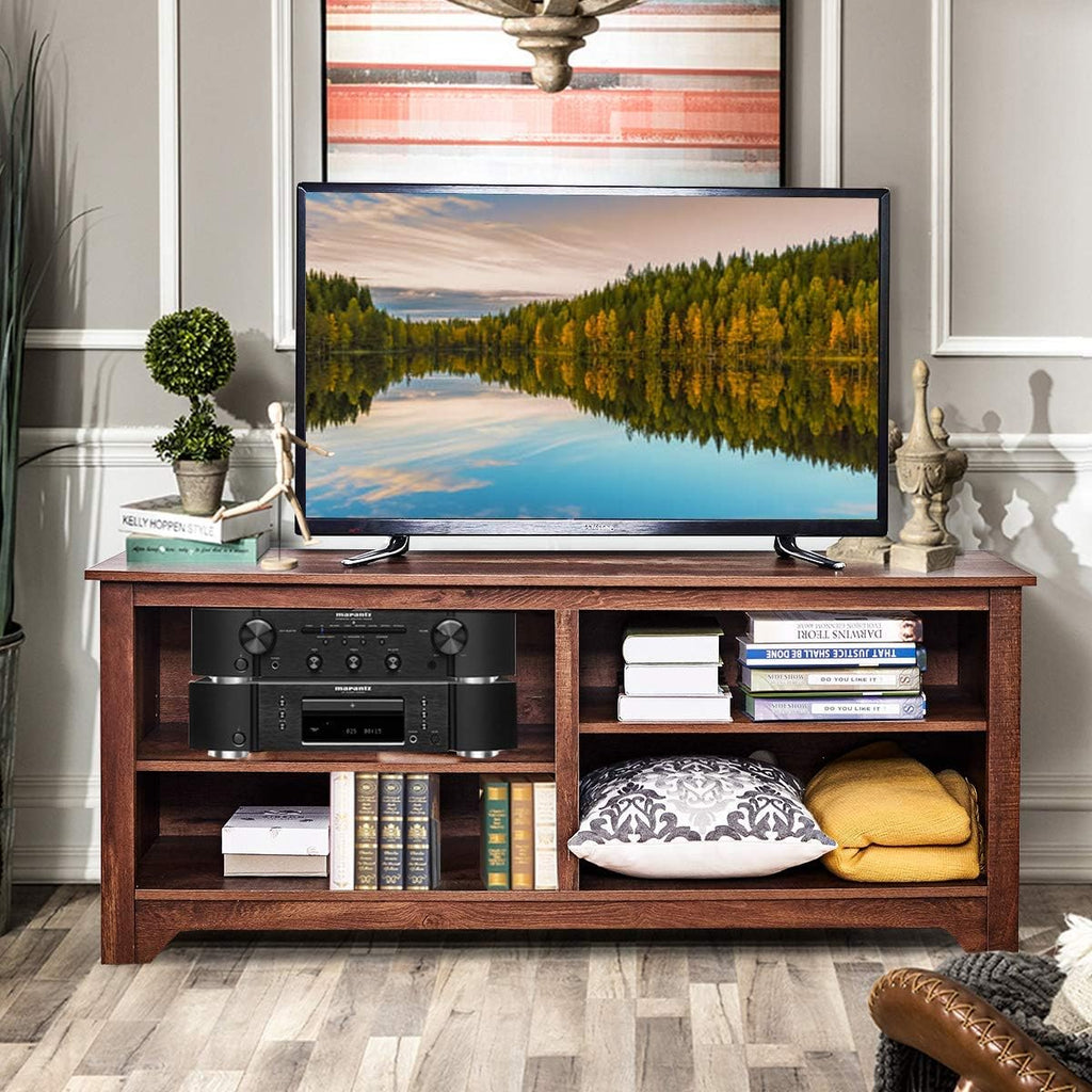 Brown Wood TV Stand with 4 Open Storage Shelves F9745
