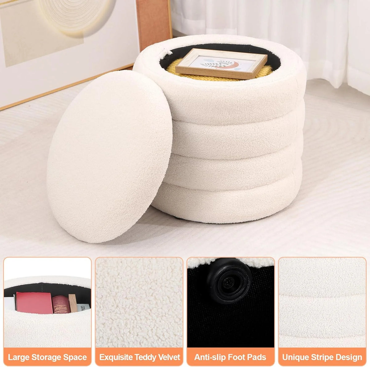 White Velvet Round Ottoman with Storage U294056
