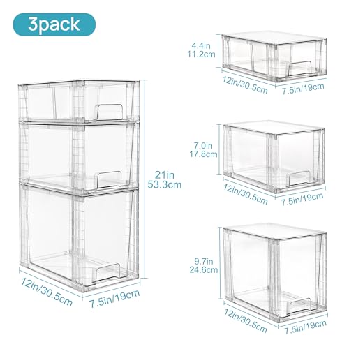 3 Pack Clear Stackable Plastic Storage Drawers Y21901