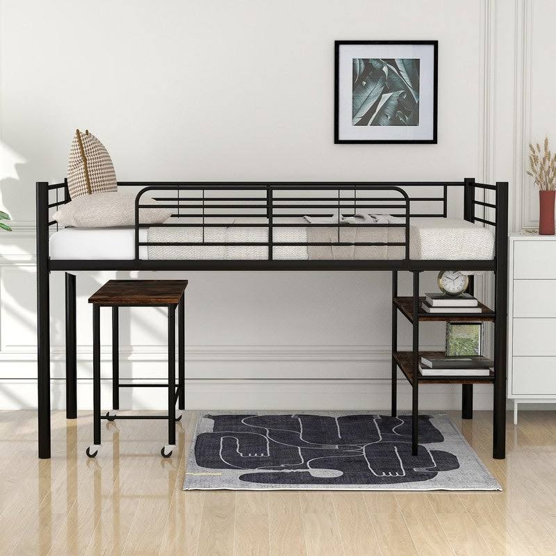 Twin Size Metal Loft Bed with Desk and Shelves G404