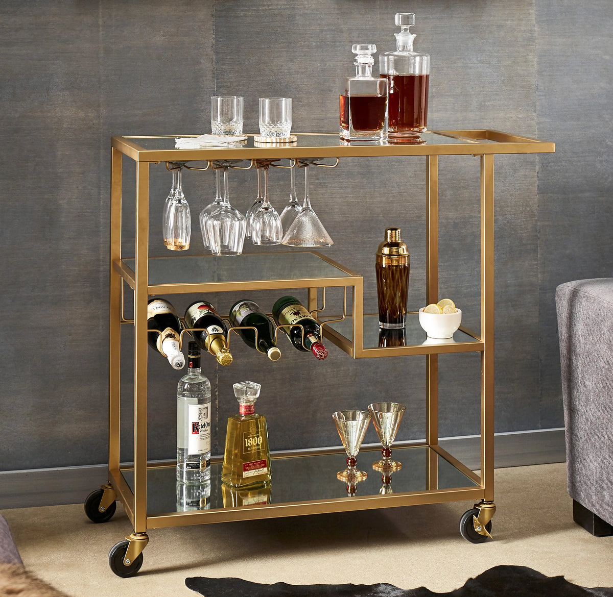 Champagne Gold Mirror Glass Metal Bar Cart A48277