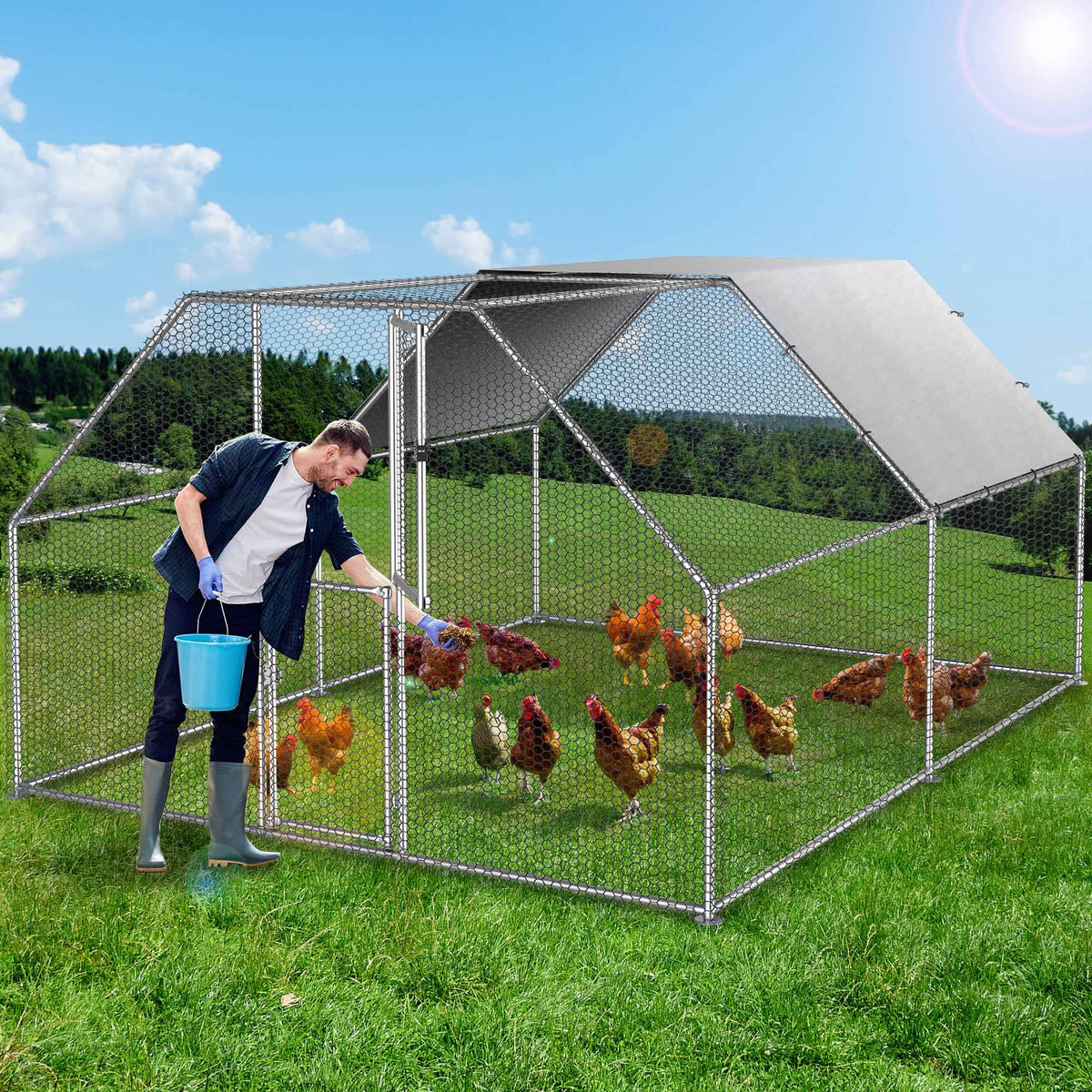 13.1 x 9.8 x 6.4 ft Metal Chicken Coop with Waterproof Cover B3868