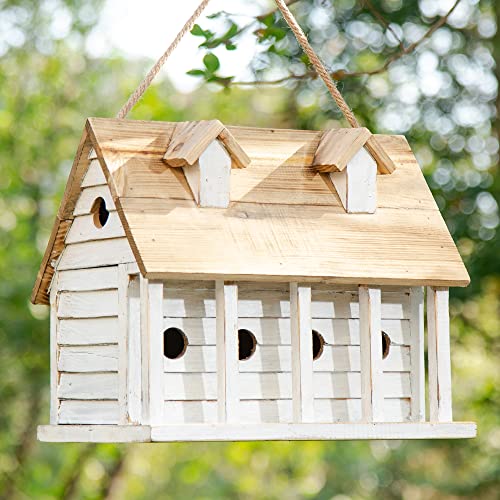 14.25"L Wood Hanging Birdhouse Washed White C705