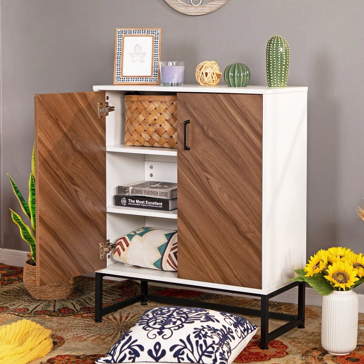 White Oak 2-Door Storage Cabinet Sideboard with Metal Base C52748