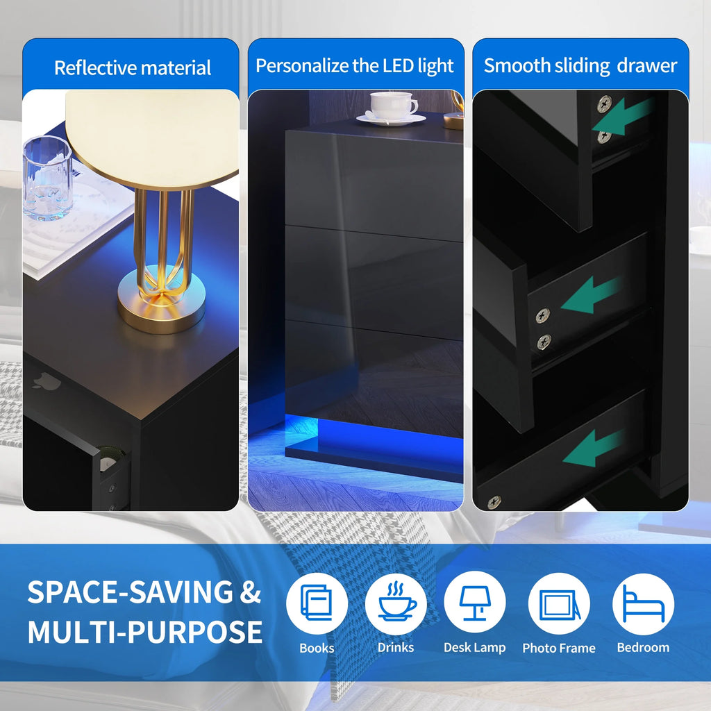 Black 3 Drawer LED Nightstand F515297