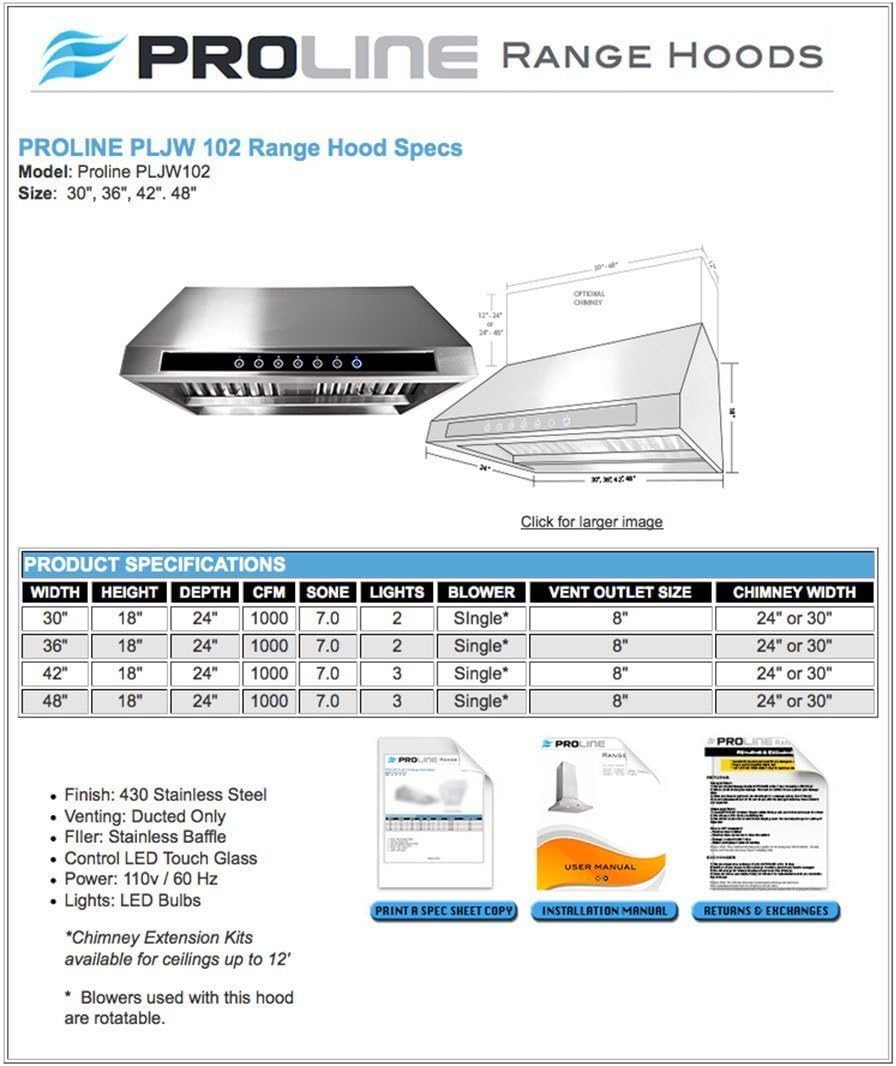 4 Speed Wall/Under Cabinet Range Hood, 1000 Max CFM, Stainless Baffle Filters, 30 36 42 48 Inch N15179