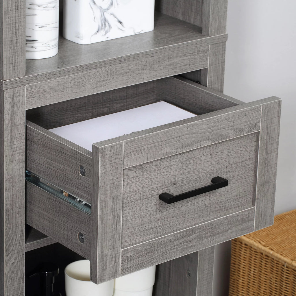 Narrow Gray Bathroom Storage Cabinet with Drawer and 5 Tier Shelf G34894
