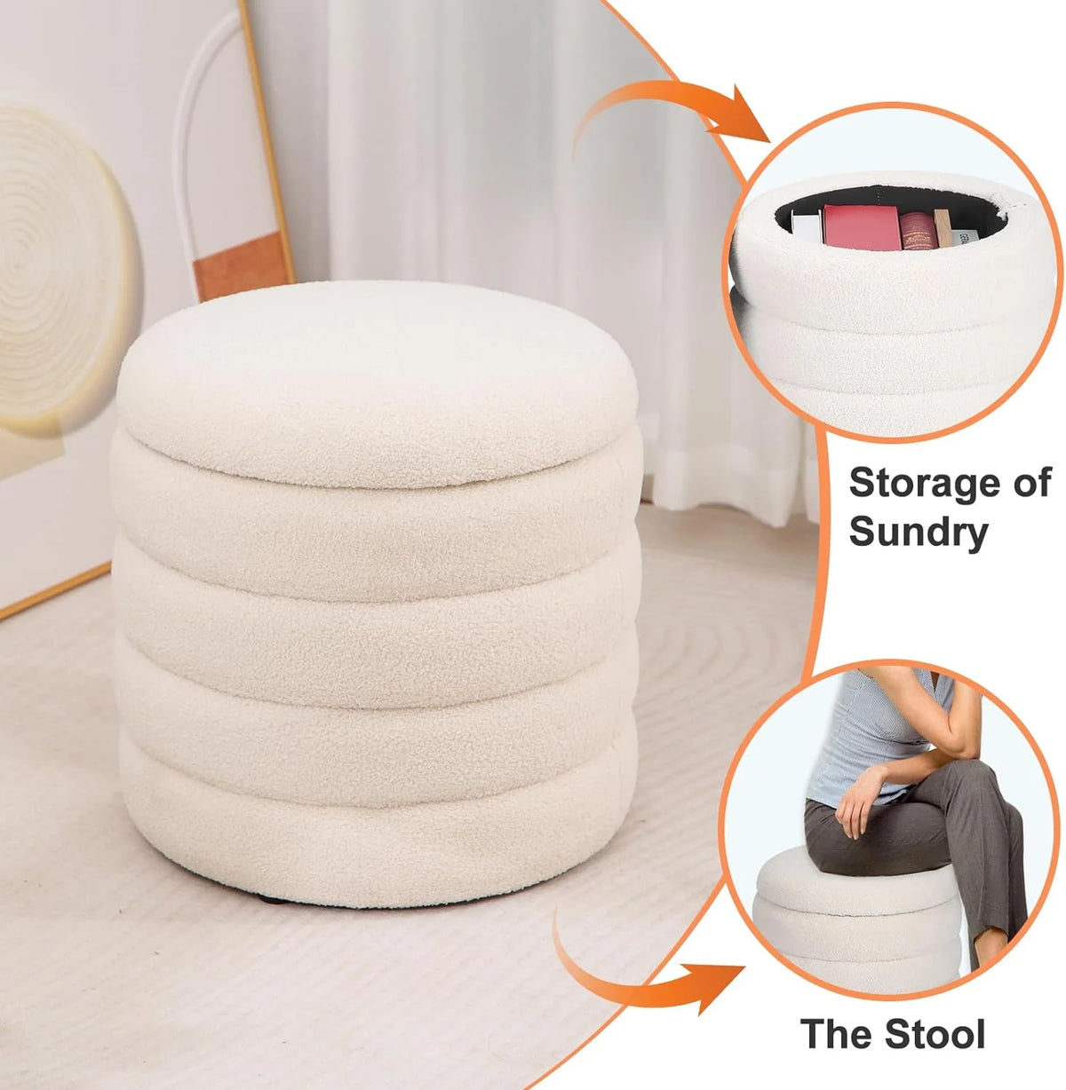 White Velvet Round Ottoman with Storage U294056
