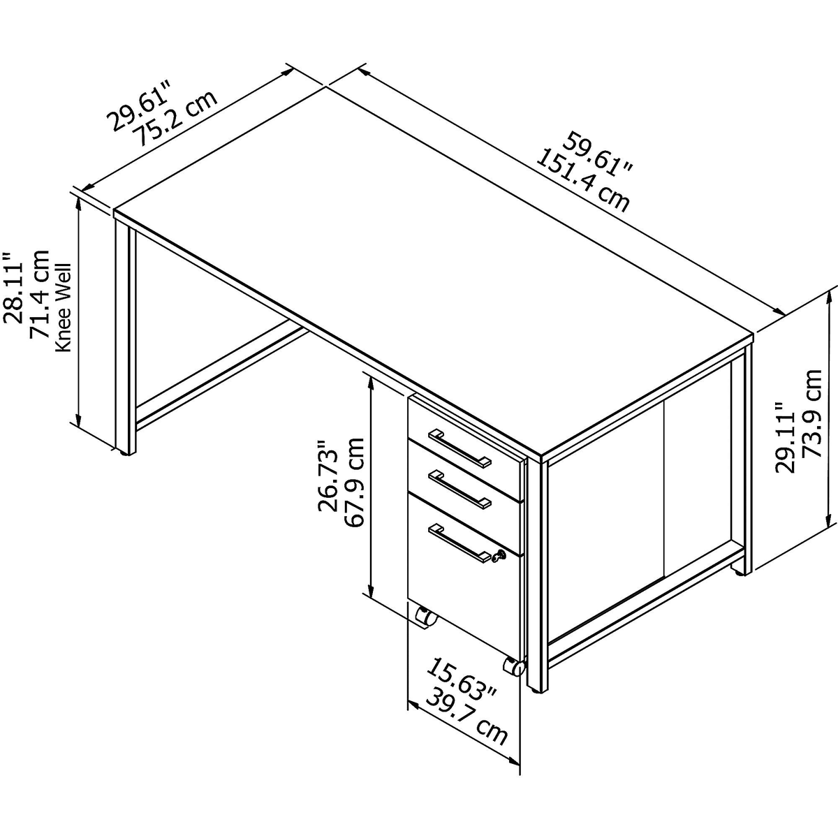 60W x 30D Table Desk with 3 Drawer Mobile File Cabinet, Storm Gray O50731