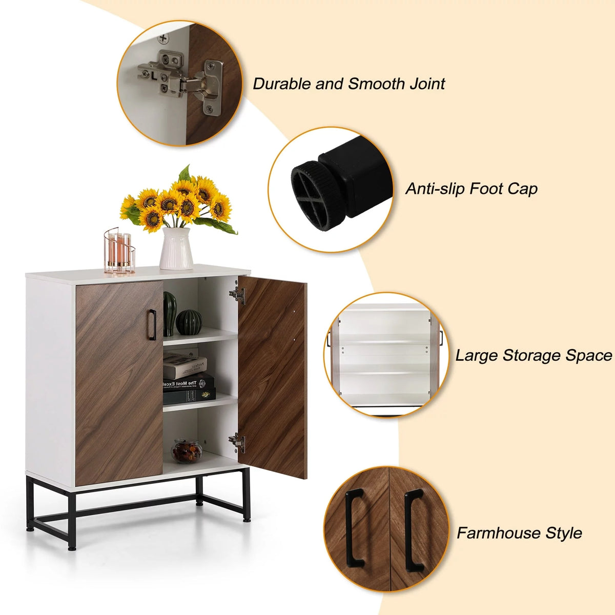 White Oak 2-Door Storage Cabinet Sideboard with Metal Base C52748