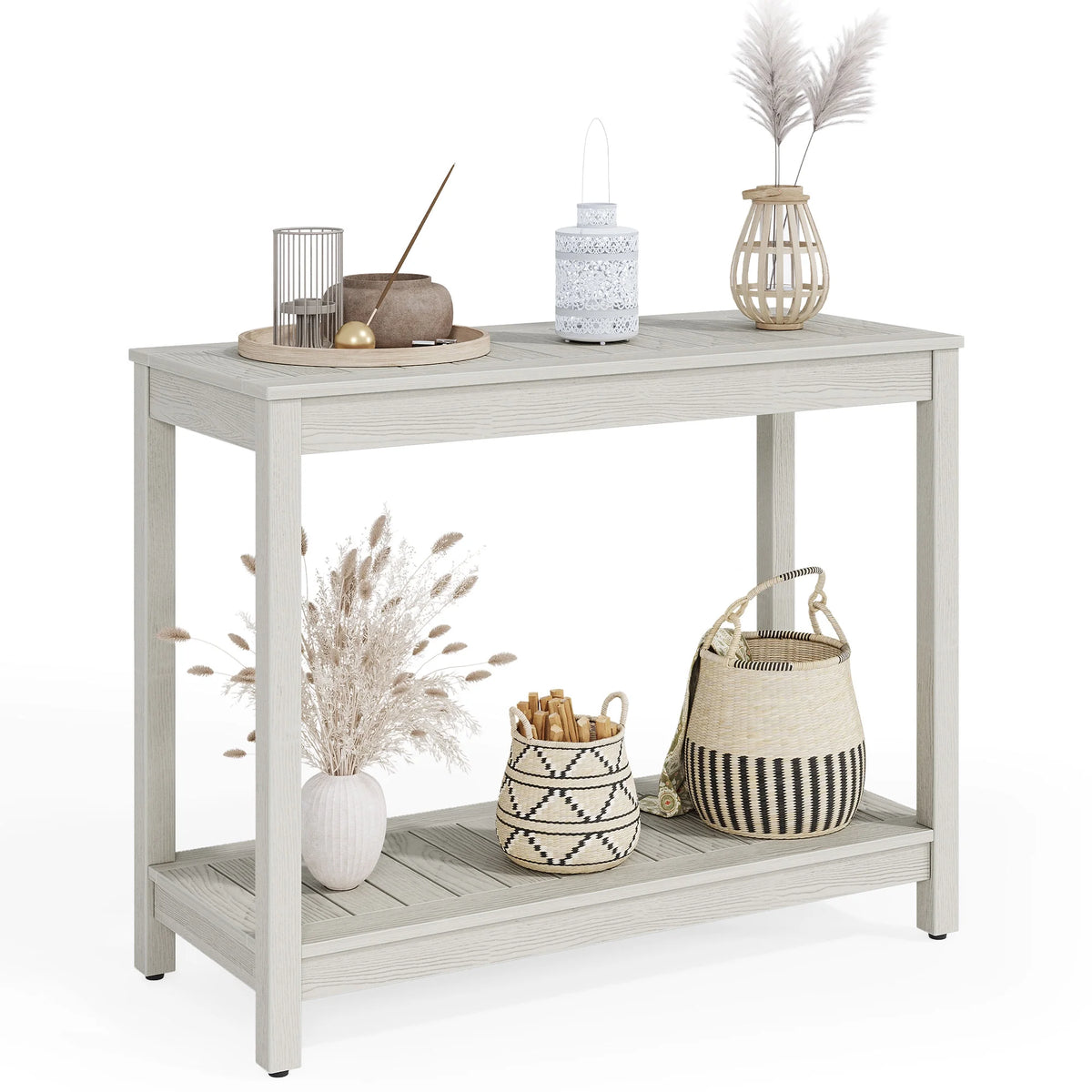 38.3in Grey Wash Wood Console Table with Storage Shelves J1918