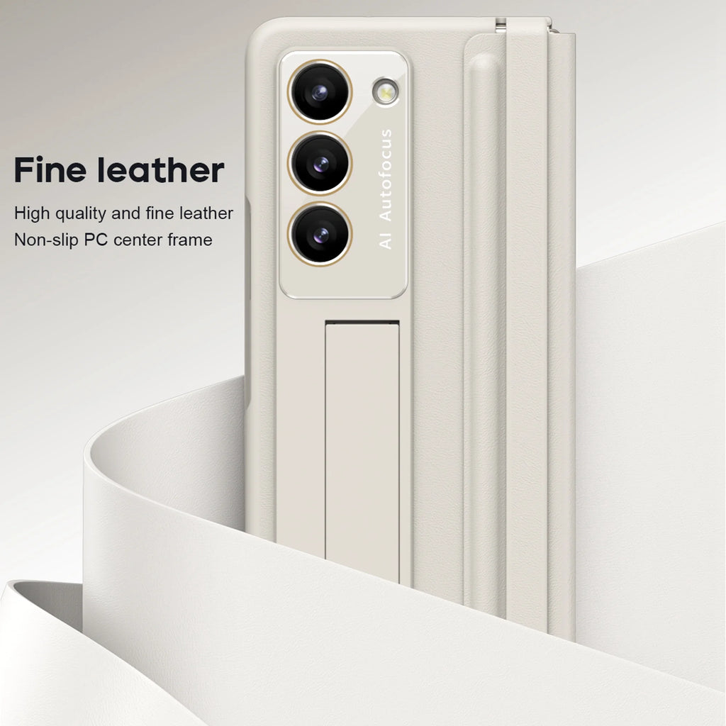 White Ultra Thin Magnetic Kickstand Case with Glass Screen Protector for Samsung Galaxy Z Fold 5 R81407