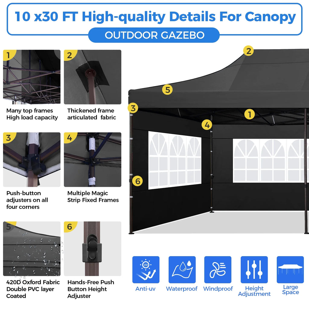 10' x 30' Pop Up Canopy with 8 Removable Sidewalls, Black G8589