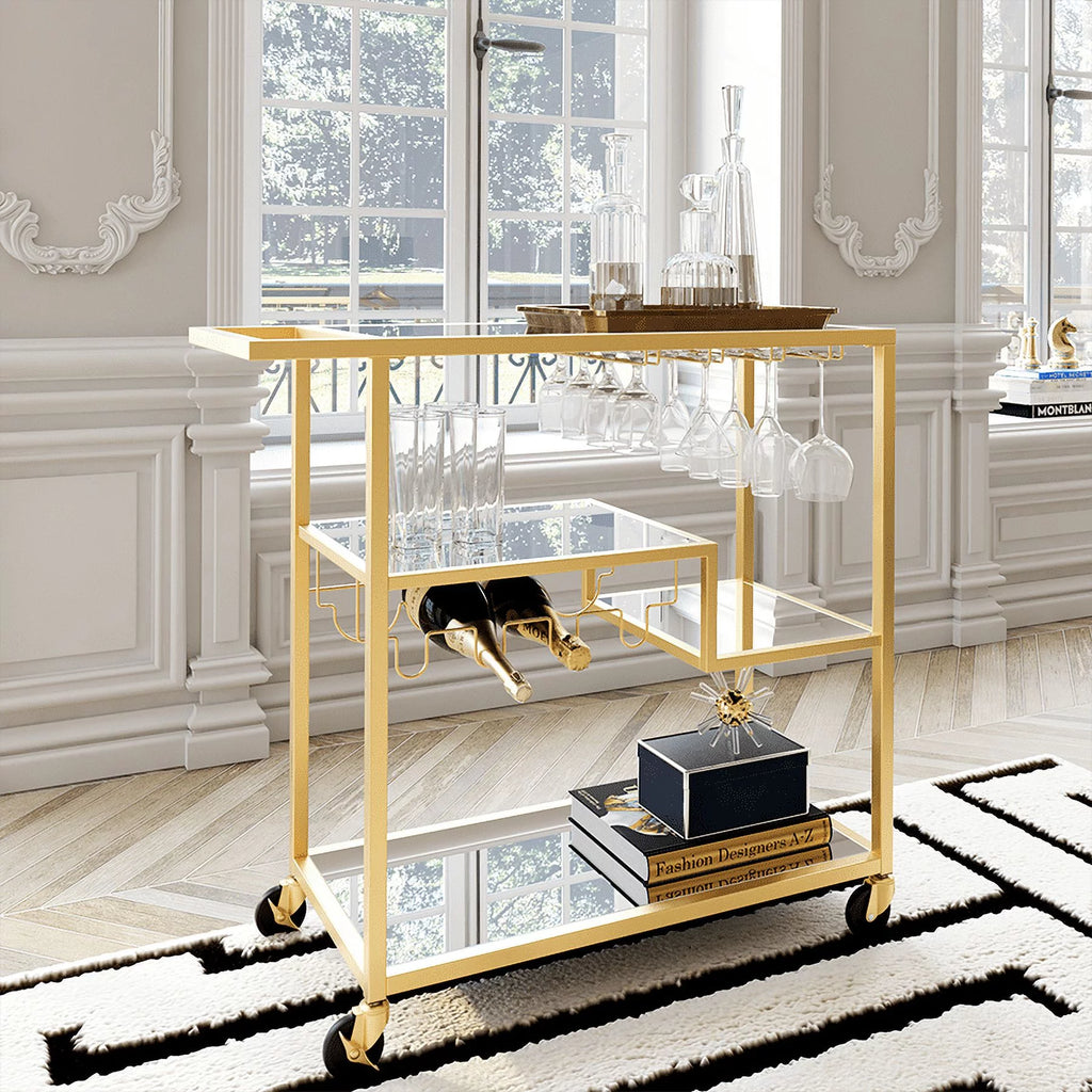 Champagne Gold Mirror Glass Metal Bar Cart A48277