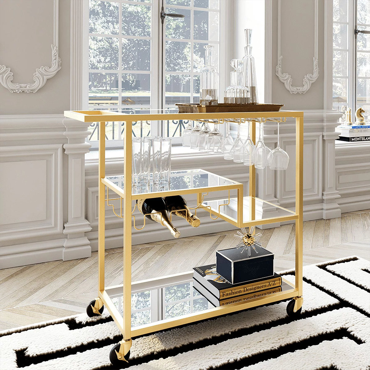 Champagne Gold Mirror Glass Metal Bar Cart A48277