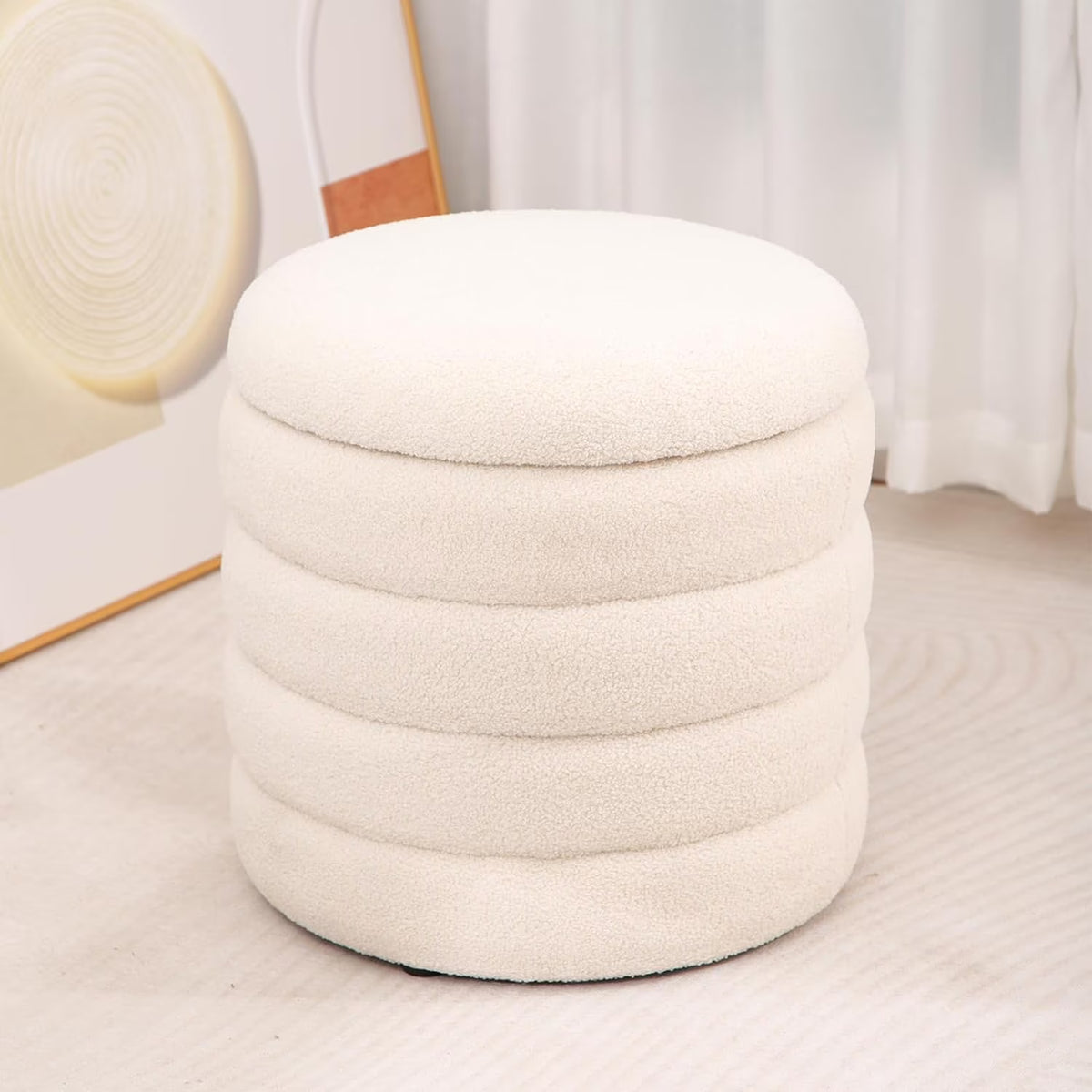 White Velvet Round Ottoman with Storage U294056