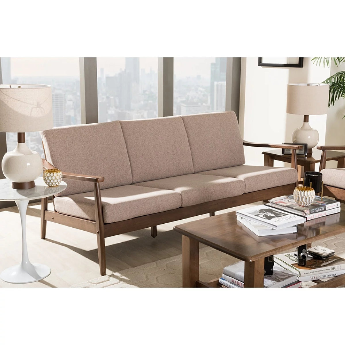 Light Brown Fabric Upholstered 3-Seater Sofa O977442