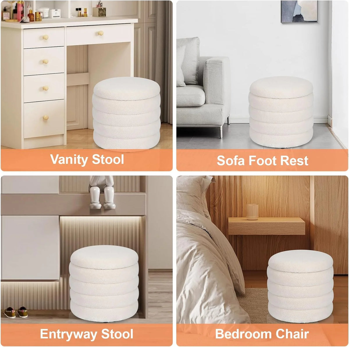 White Velvet Round Ottoman with Storage U294056