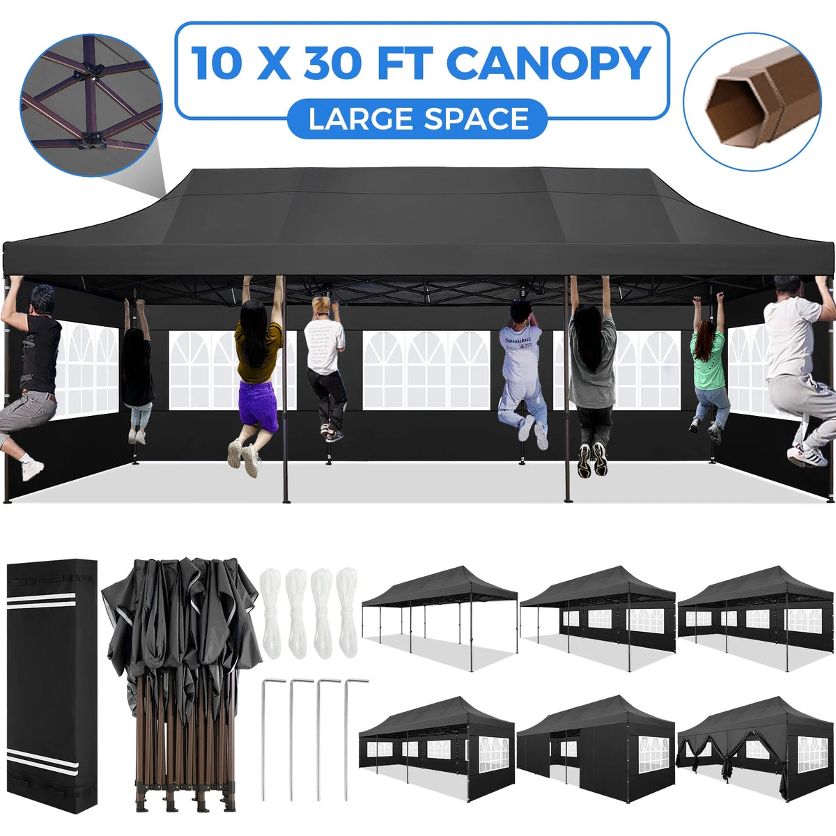 10' x 30' Pop Up Canopy with 8 Removable Sidewalls, Black G8589