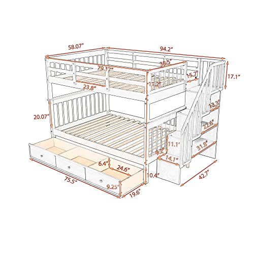 White Twin Over Twin Solid Wood Bunk Bed with Trundle I980