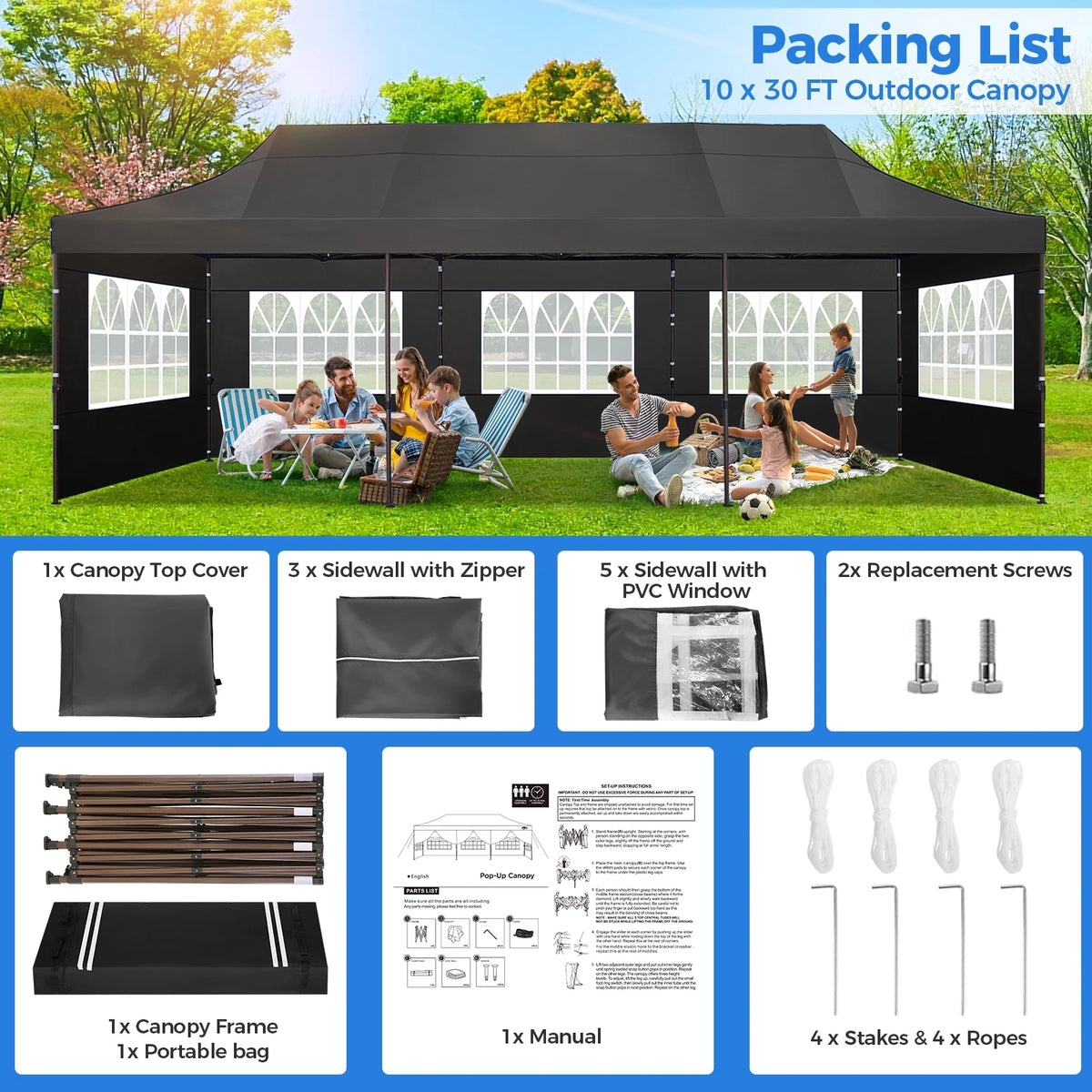 10' x 30' Pop Up Canopy with 8 Removable Sidewalls, Black G8589