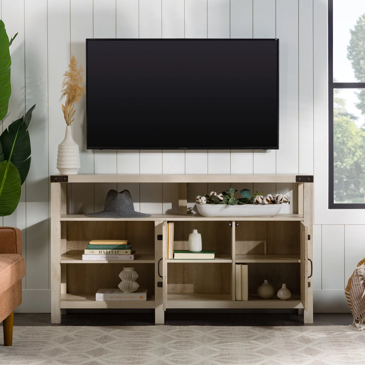 Modern Farmhouse Highboy TV Stand White Oak E359519