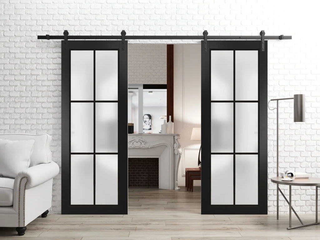 Matte Black Frosted Glass Double Barn Door 64 x 80 inches K778515