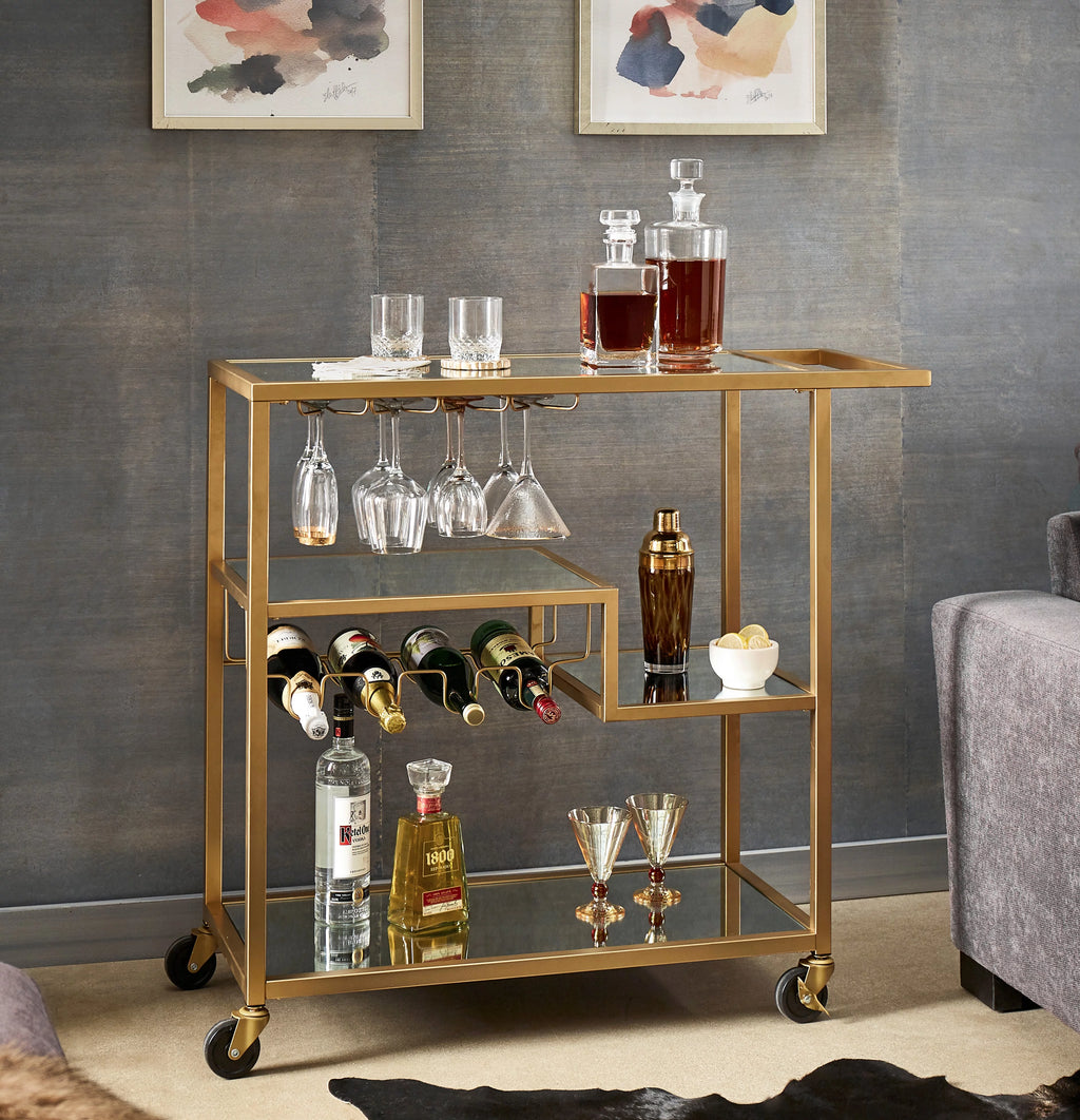 Champagne Gold Mirror Glass Metal Bar Cart A48277