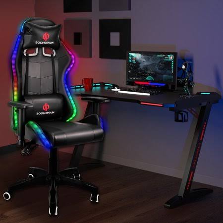 Ergonomic Racing Gaming Chair with RGB LED Light, Faux Leather High Back Swivel Office Chair A4289