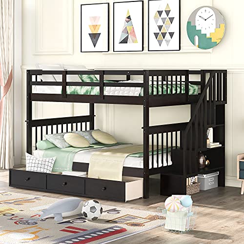 White Twin Over Twin Solid Wood Bunk Bed with Trundle I980
