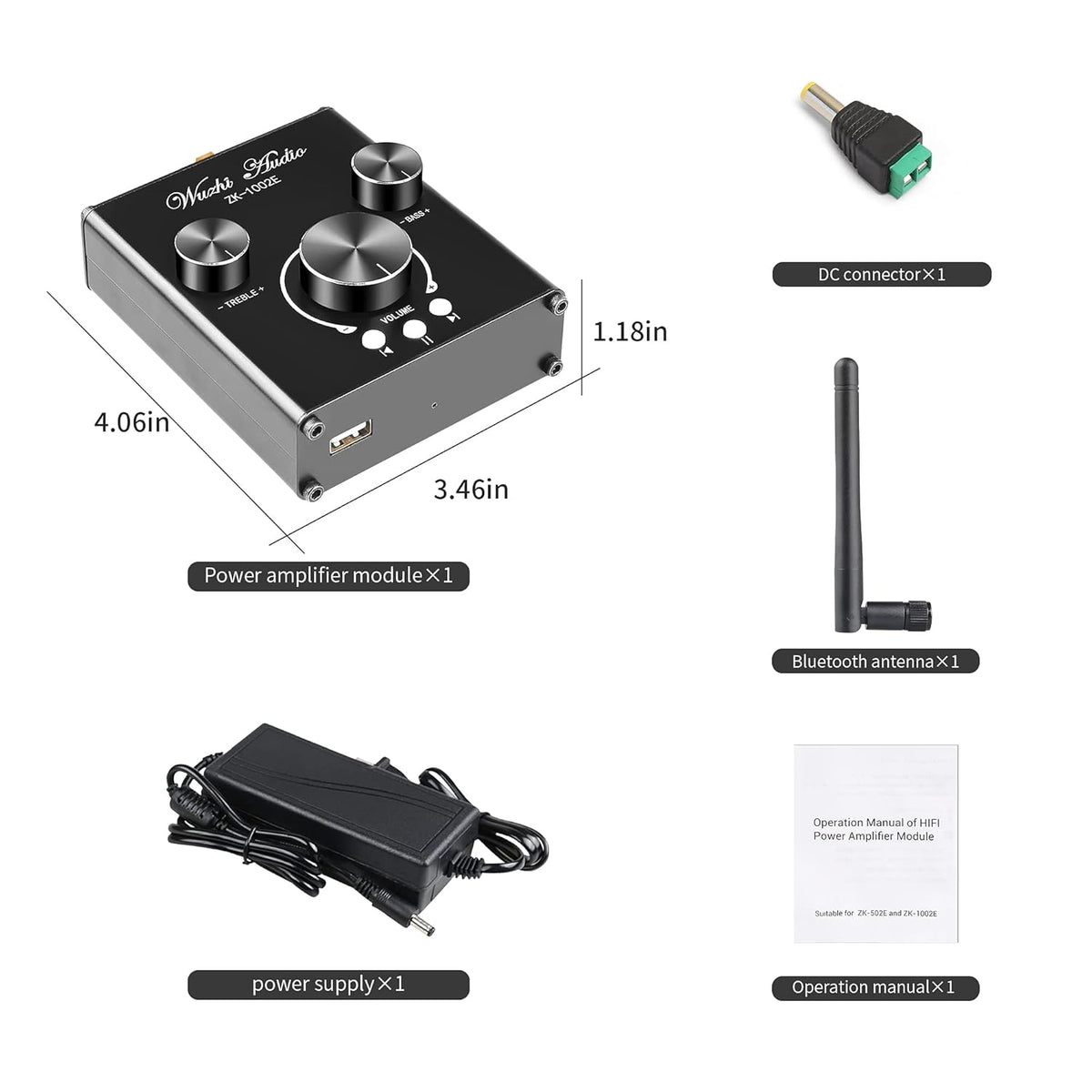 100W+100W Stereo Audio Amplifier with Bluetooth and AUX Inputs J758306