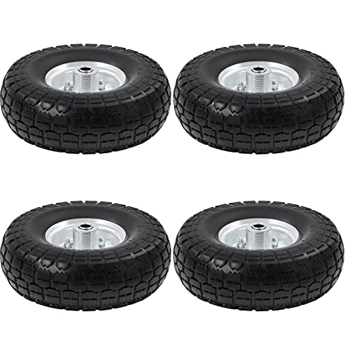 4 Pack 10-inch Black Flat Free Tire Wheels with 5/8-inch Ball Bearing Axle Bore S9509