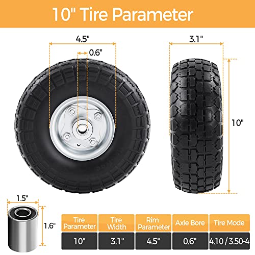 4 Pack 10-inch Black Flat Free Tire Wheels with 5/8-inch Ball Bearing Axle Bore S9509