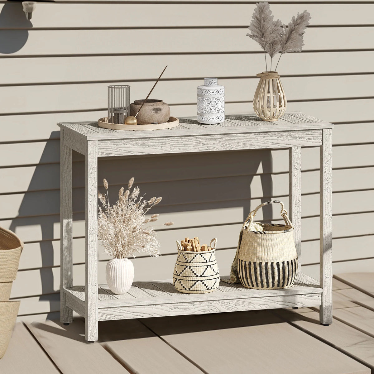 38.3in Grey Wash Wood Console Table with Storage Shelves J1918