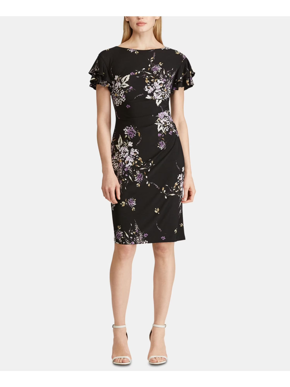 Black Floral Short Sleeve Sheath Dress T62585