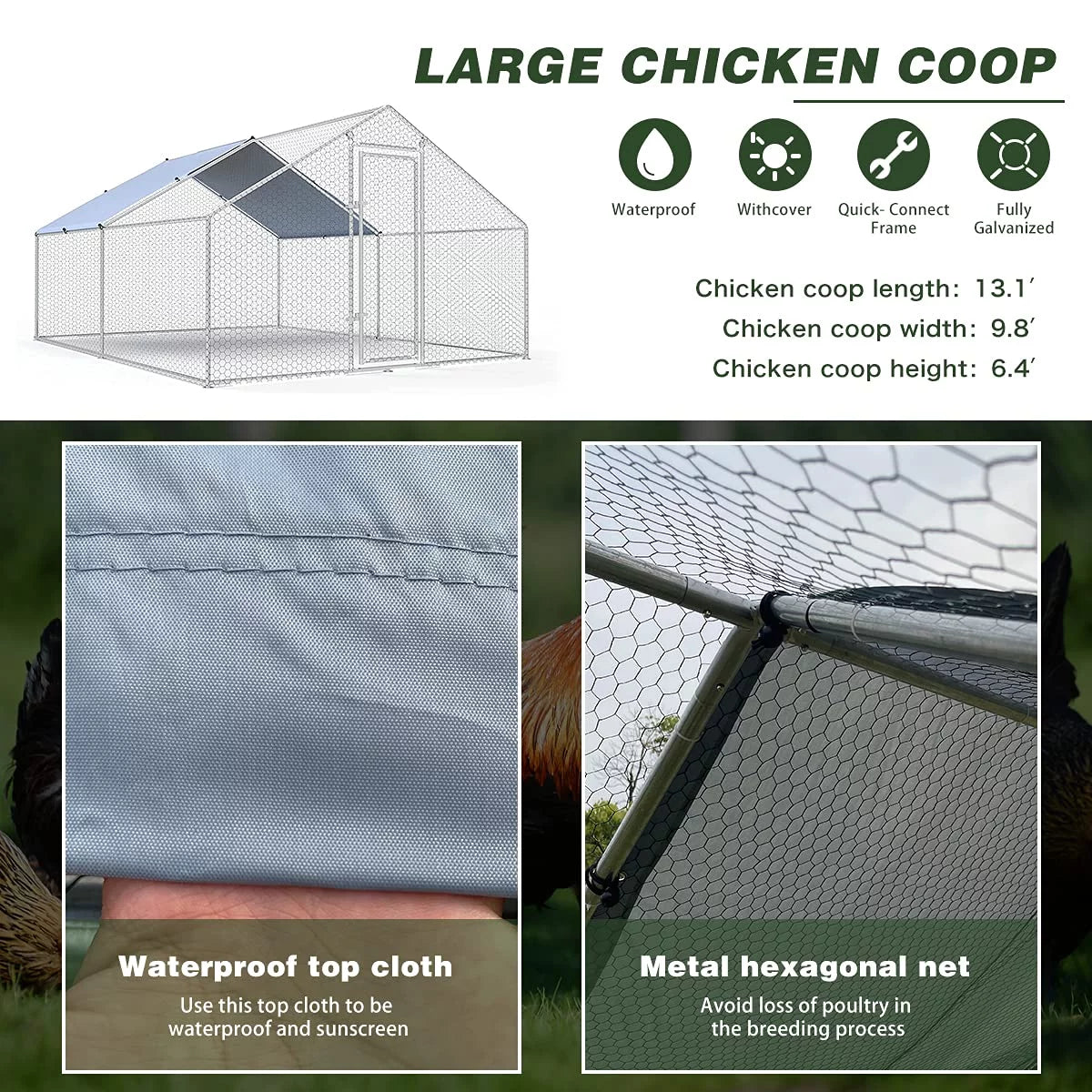 Extra Large 10 x 13 ft Metal Walk-in Chicken Coop R9125