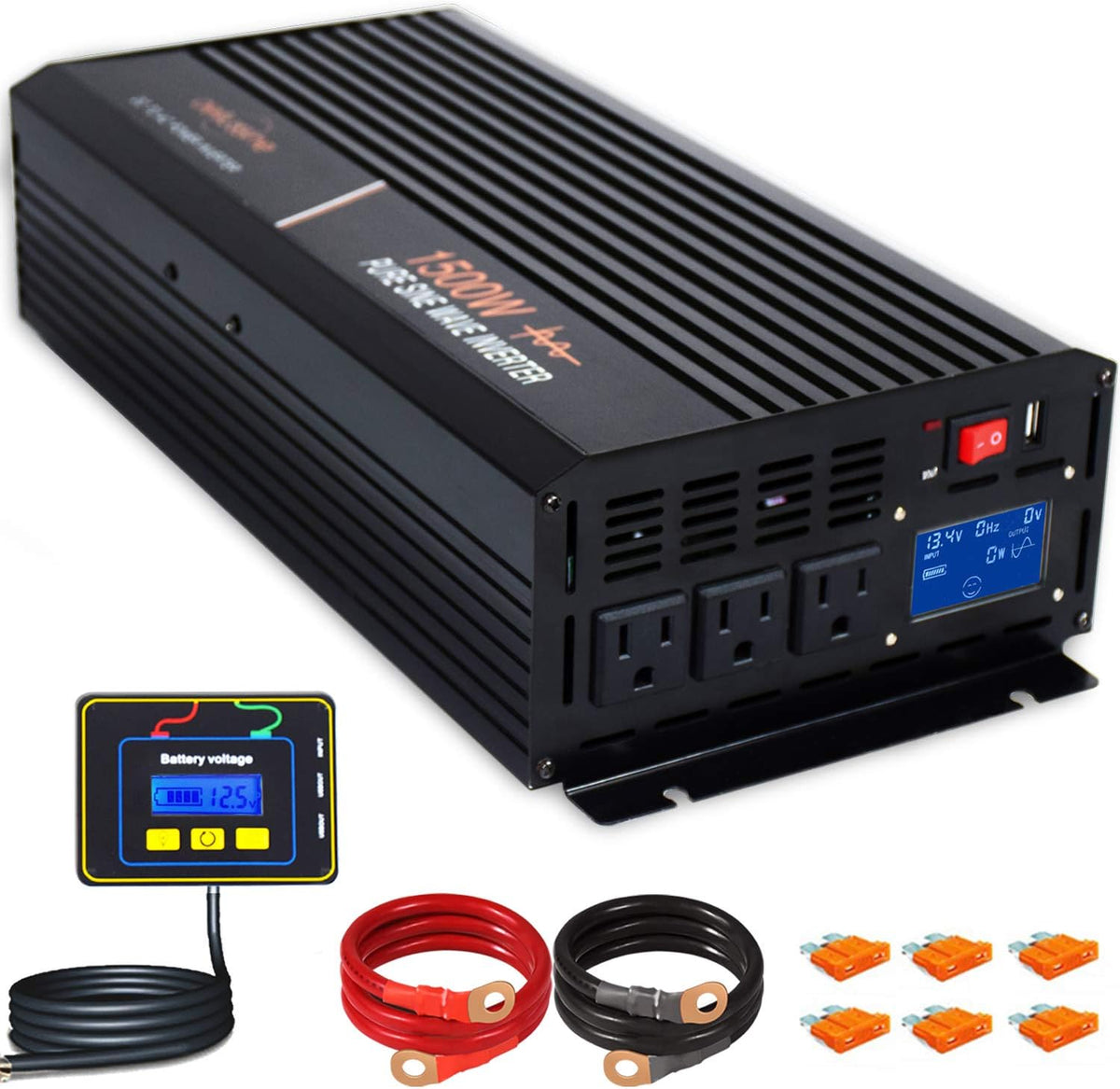 1500 Watt Pure Sine Wave Power Inverter 24V DC to AC 110V 120V with LCD Display and Remote Switch T635426
