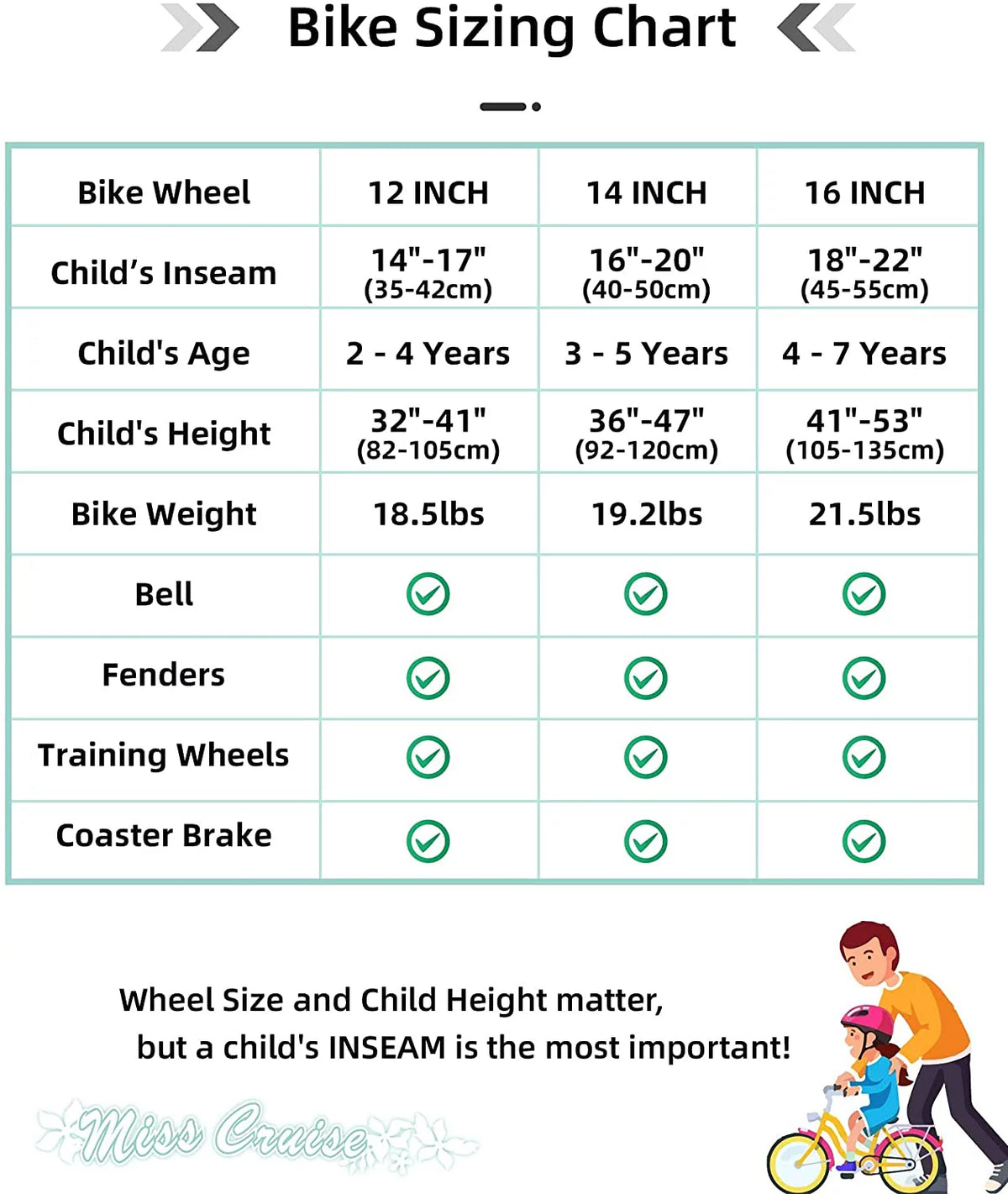 12 14 16 Kids Cruiser Bike with Training Wheels, Green W3124