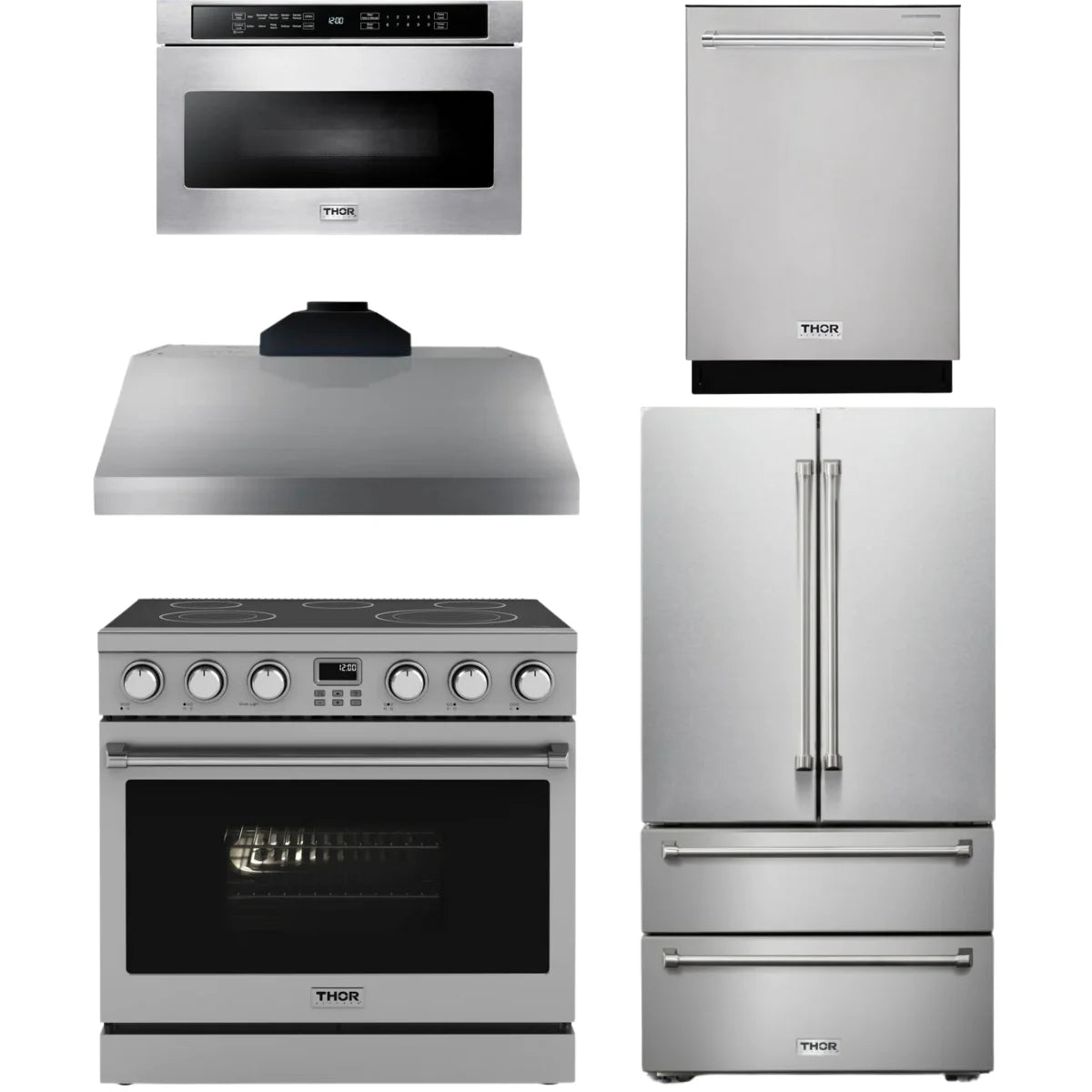 36 Electric Range, Range Hood, Refrigerator, Dishwasher and Microwave J5856
