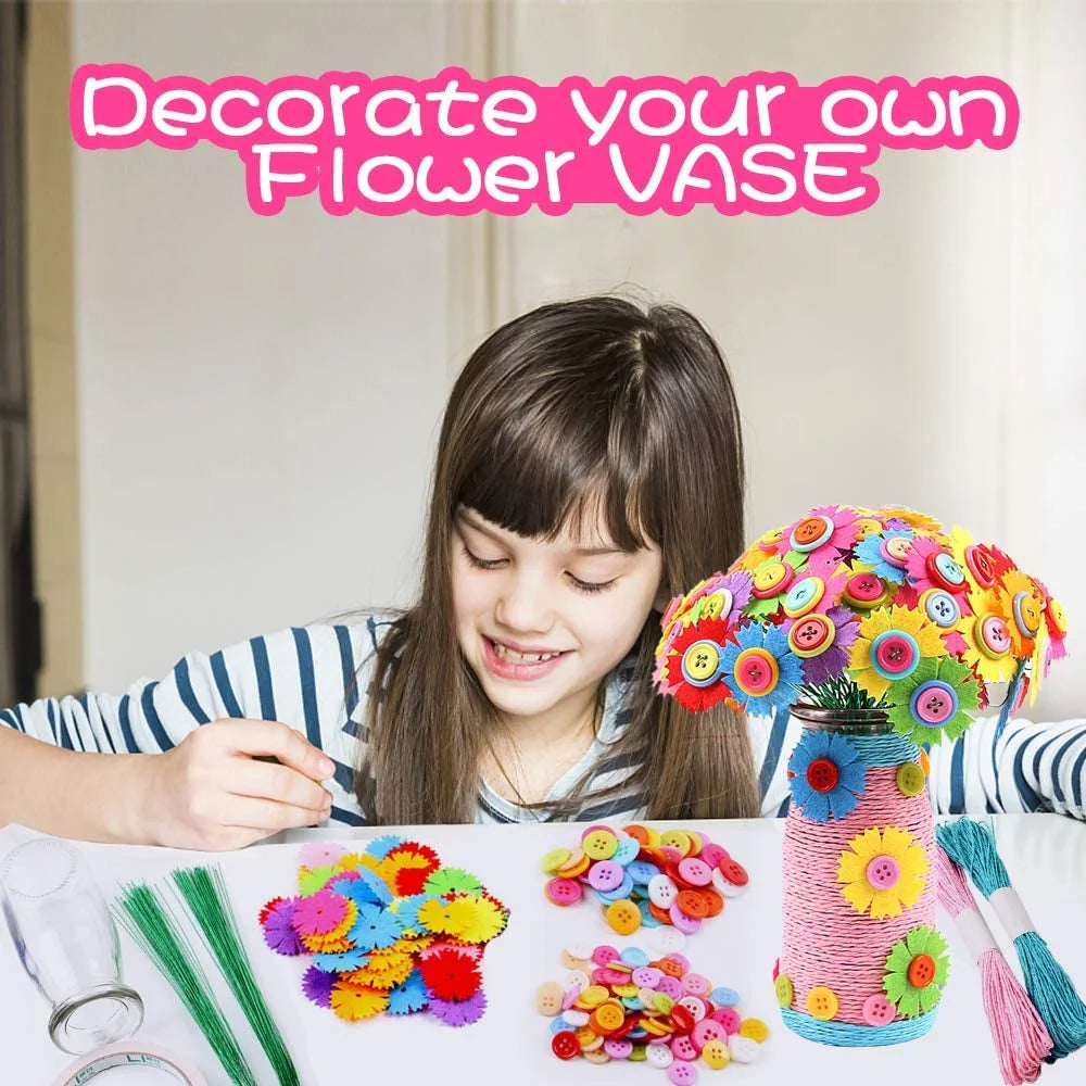 Flower Craft Kit for Kids with Button & Felt Flowers, Vase Art Toy J75628
