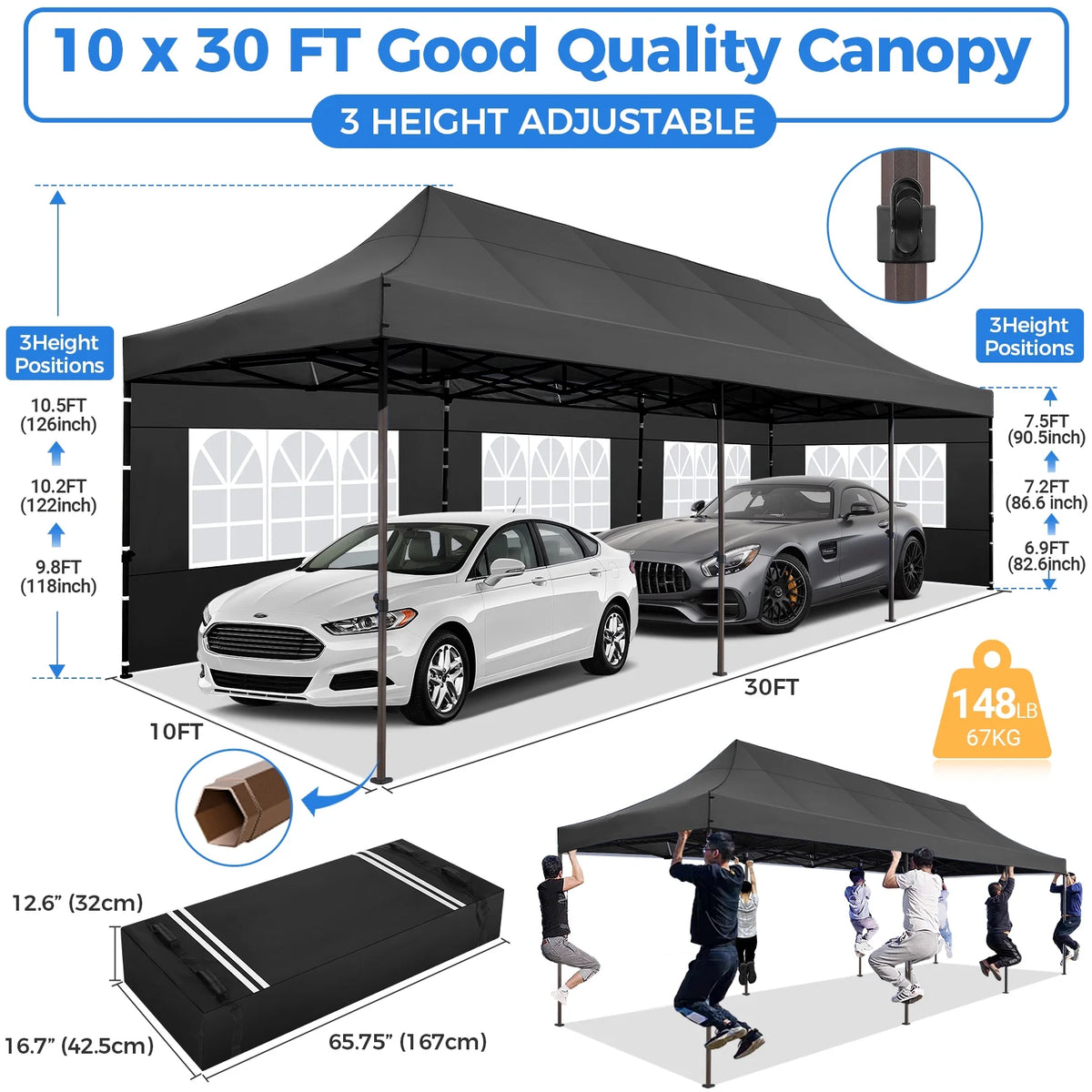 10' x 30' Pop Up Canopy with 8 Removable Sidewalls, Black G8589