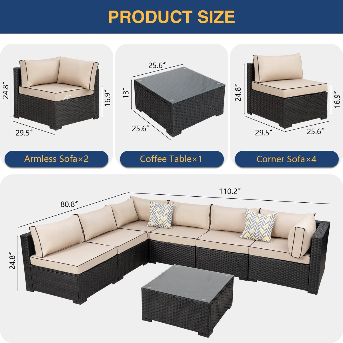 7 Pieces All-Weather Rattan Sectional Sofa with Tea Table A7529