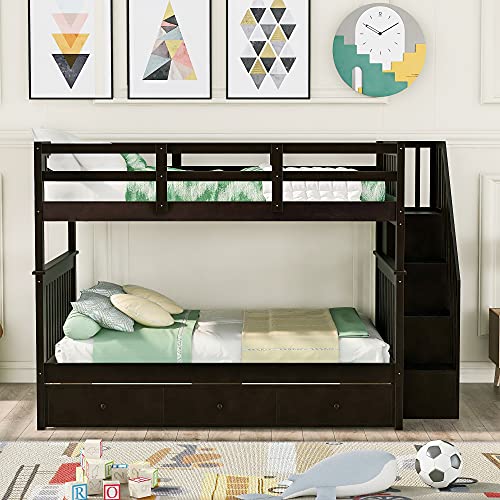 White Twin Over Twin Solid Wood Bunk Bed with Trundle I980