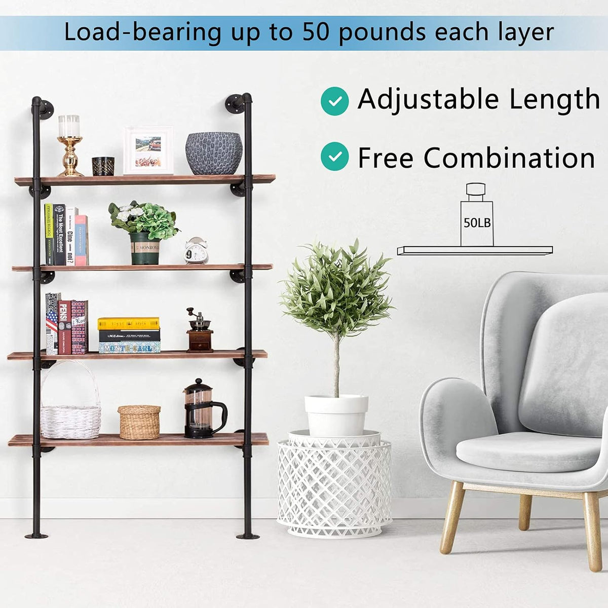 2Pack of 5 Tier Industrial Iron Pipe Shelf Wall Mount A47212