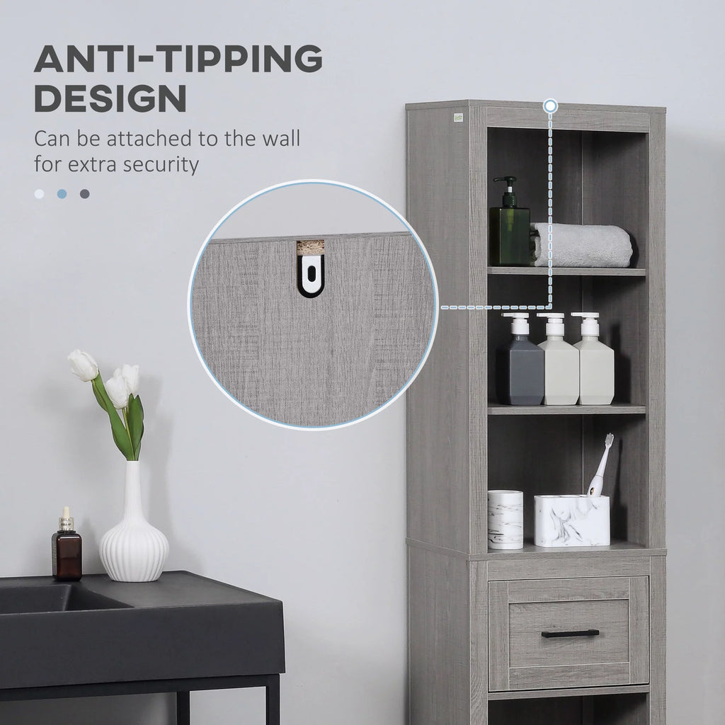 Narrow Gray Bathroom Storage Cabinet with Drawer and 5 Tier Shelf G34894
