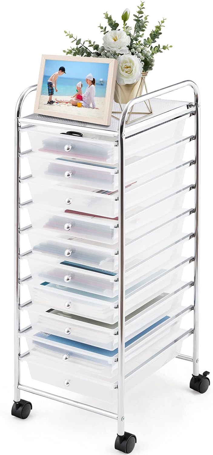 Black Rolling Drawer Cart with 10 Drawers, Metal Frame T26512
